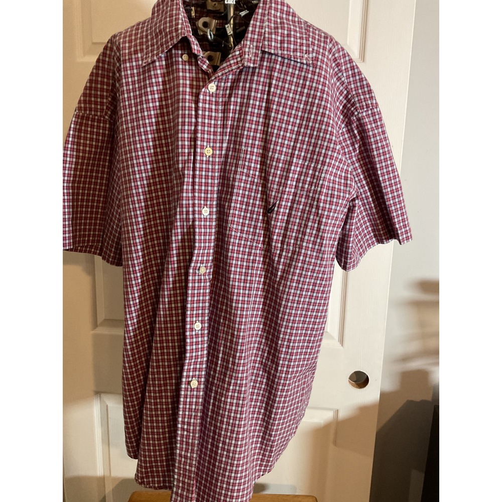 Nautica Mens Red Blue Plaid Short Sleeve Button Up Shirt XXL 80s Two Ply Cotton